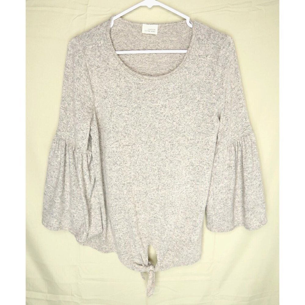 Anthropologie Caution To The Wind Gray Sweater Bell Sleeve Tie Scoop Neck Top